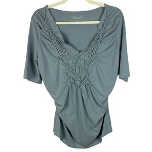 Soft Surroundings Cotton Blend Slate Blue Fitted V-neck Ruched Detail Med Top
